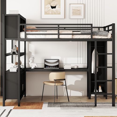 Full Size Black Metal Loft Bed with Wardrobe and Desk U56291