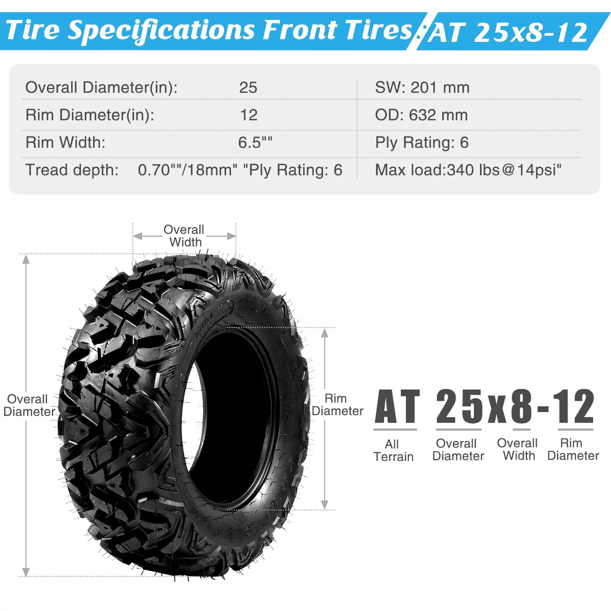 Set of 4 All Terrain ATV UTV Tires, 25x8-12 Front & 25x10-12 Rear, Tubeless C4773