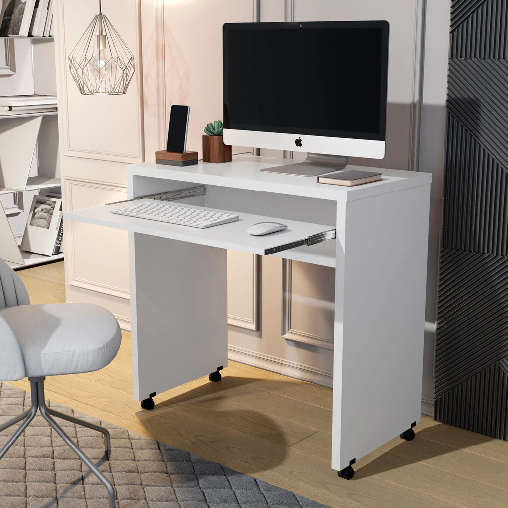 White Mobile Computer Desk with Keyboard Tray and Wheels H99923