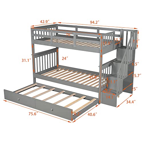 White Twin Over Twin Solid Wood Bunk Bed with Stairs and Trundle I985680