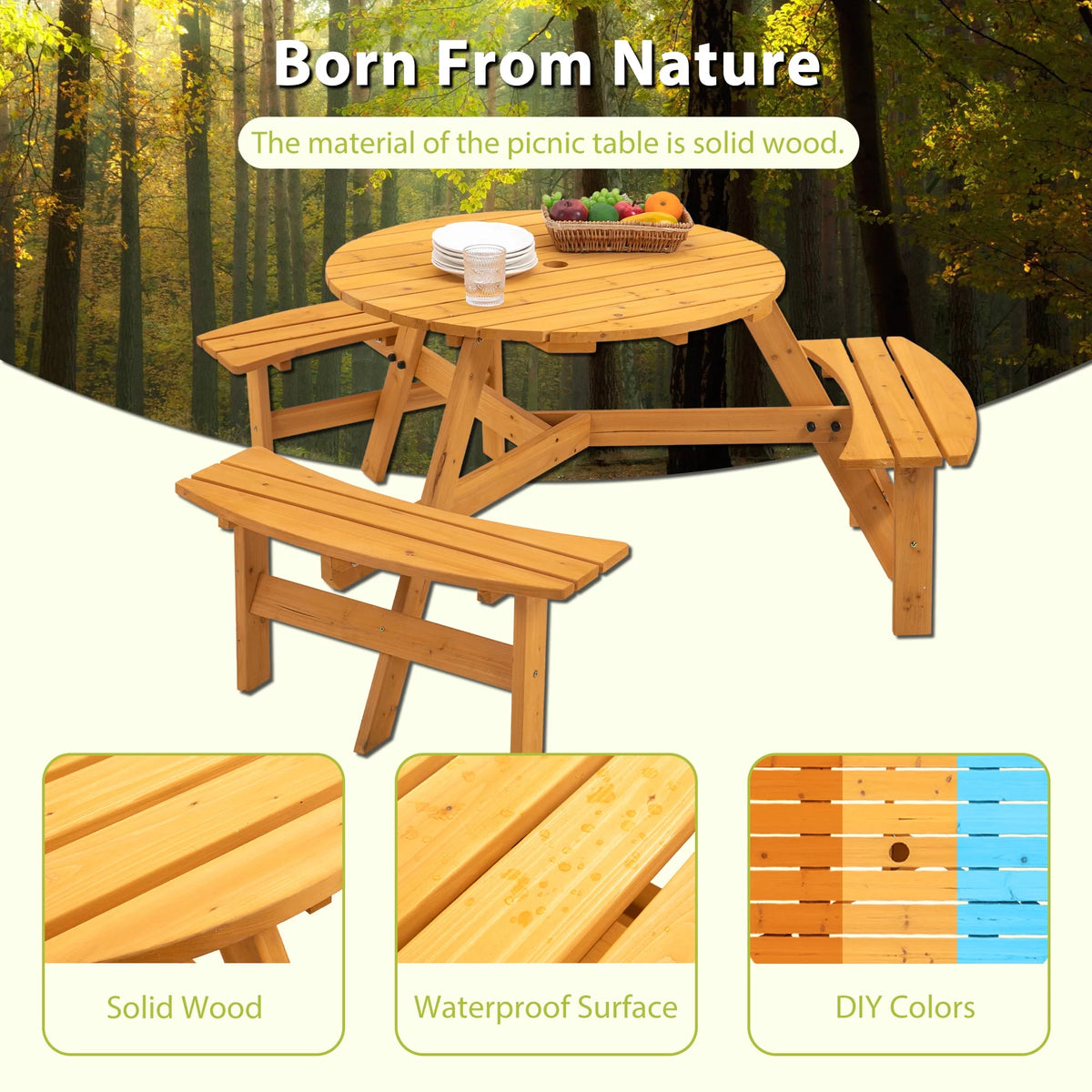 6-Person Circular Wooden Picnic Table with 3 Built-in Benches V97946