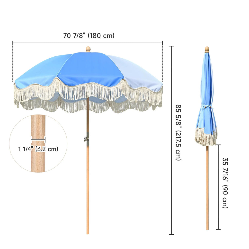 6Ft Fringe Patio Umbrella with Tassels & Carry Bag Wood Blue N9591