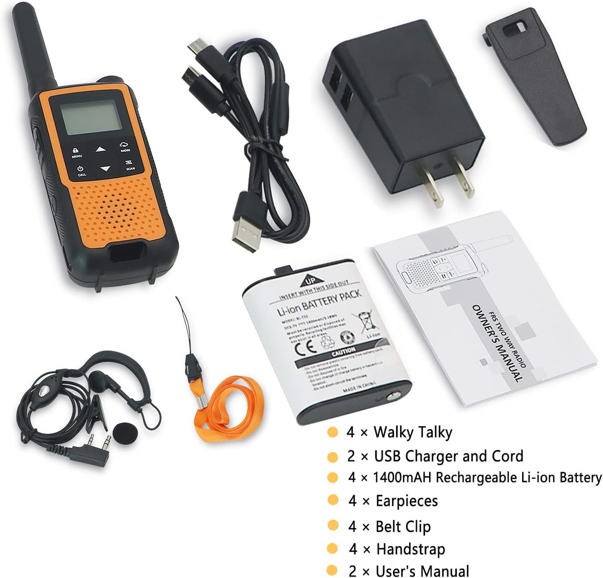 Orange 4 Pack Rechargeable NOAA Walkie Talkies with Earpiece and Mic Y30705