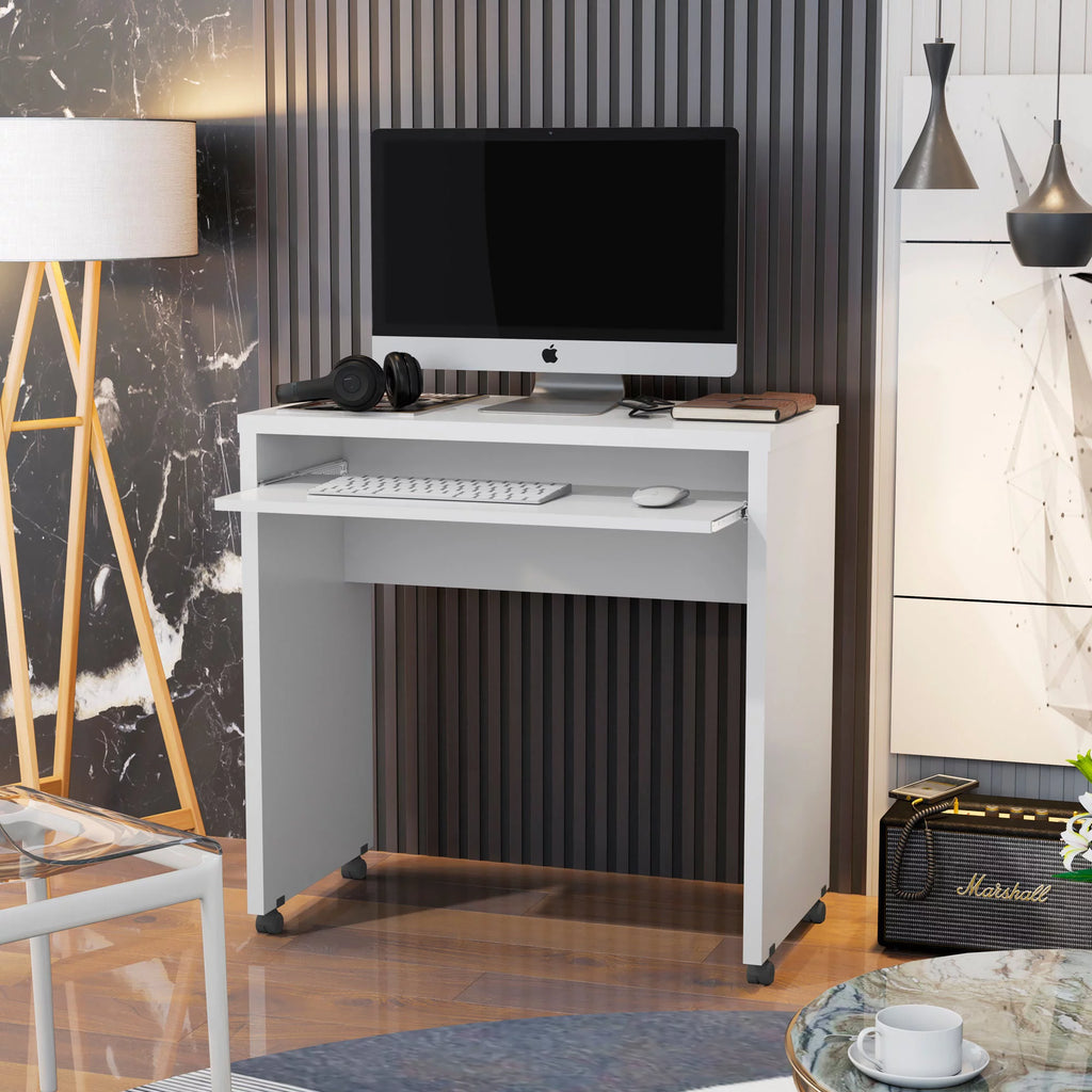 White Mobile Computer Desk with Keyboard Tray and Wheels H99923