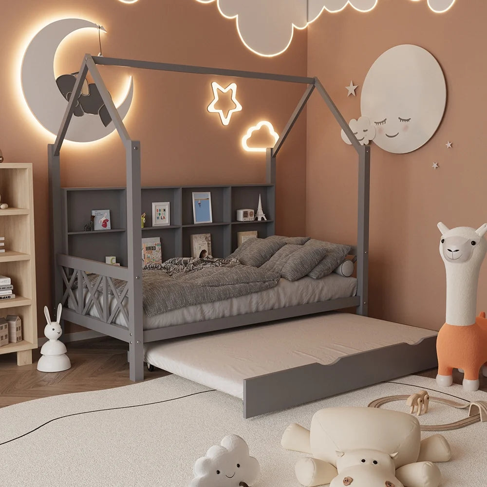 Twin House Bed with Trundle and Storage Shelve E347241
