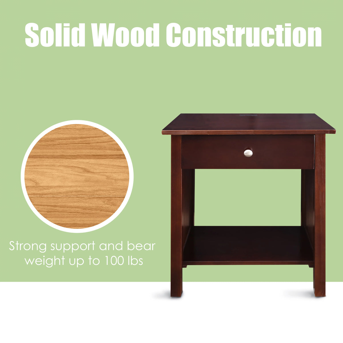 Espresso Wooden Nightstand with USB Ports and One Drawer P35859